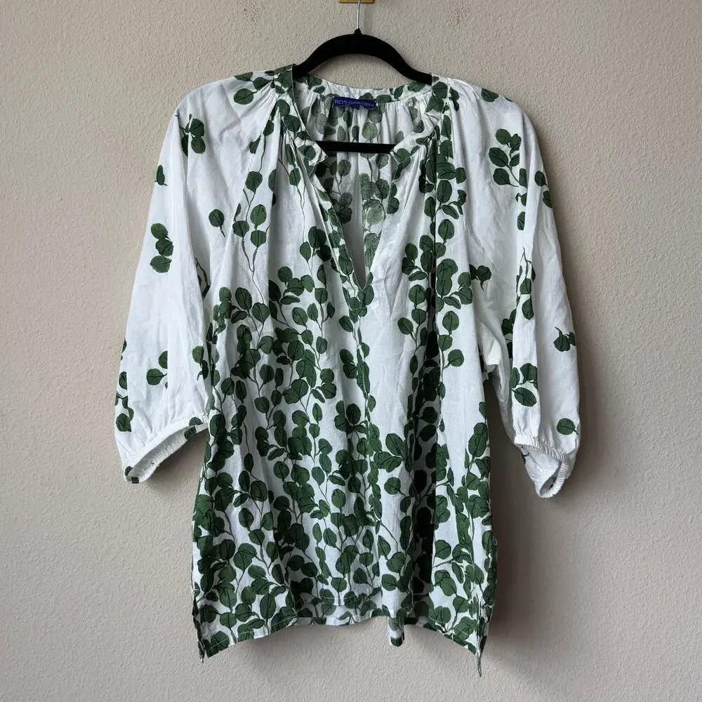 Tuckernuck Ro's Garden Marcia Top White Green Leaf Size L